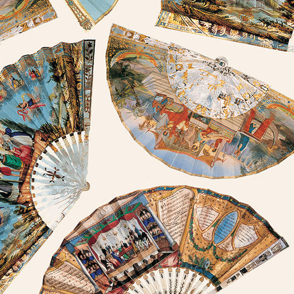 Collection of decorative fans with intricate paintings on a white background