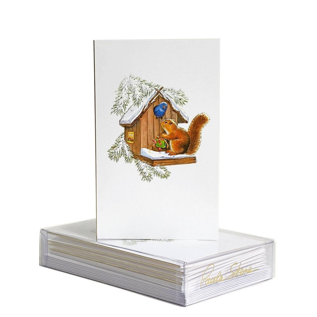 Stack of greeting cards with a winter scene featuring a squirrel and birdhouse on a white background.