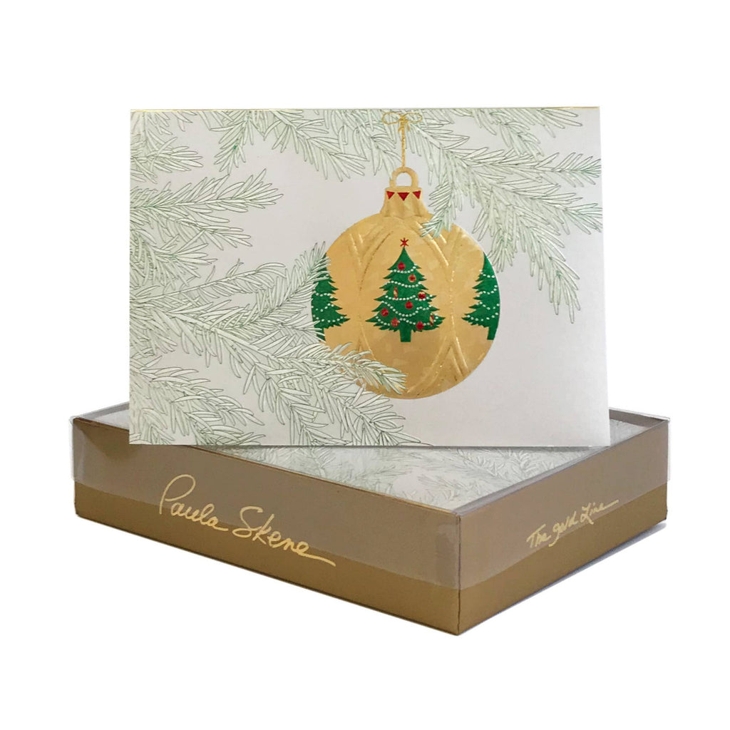 Christmas card with gold ornament design in a branded box