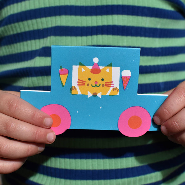 The Printed Peanut - Party Cat Little Blue Car Die Cut Card