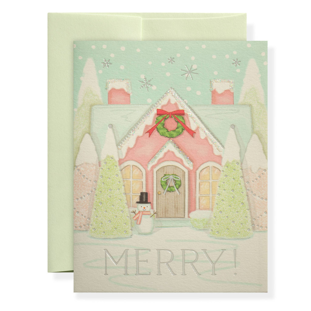 Christmas card with a festive house, wreaths, and snowman on a light green background