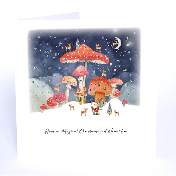 Christmas card with mushrooms, Santa, and reindeer under a starry night sky.