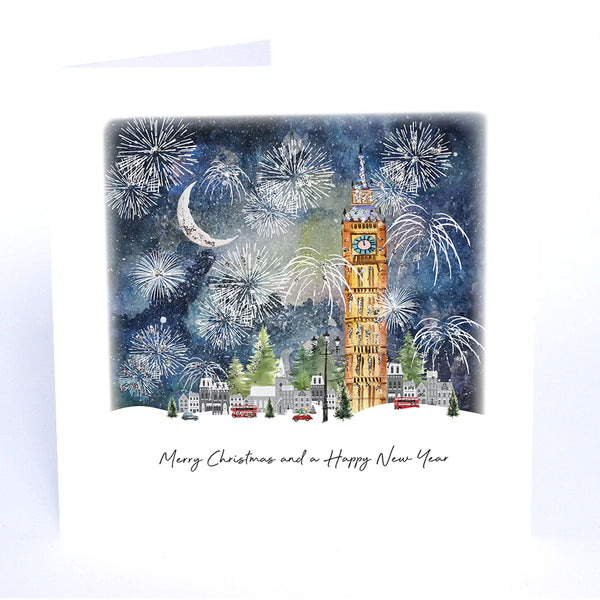 Greeting card with Big Ben and fireworks design, featuring 'Merry Christmas and a Happy New Year' text.