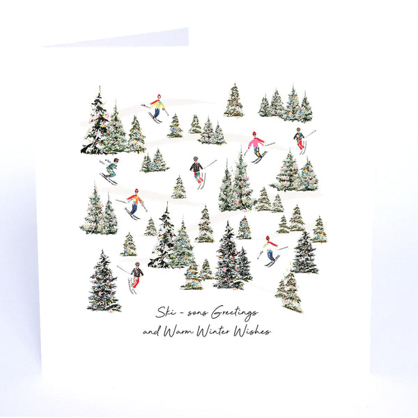 Greeting card with skiers and trees design on a white background