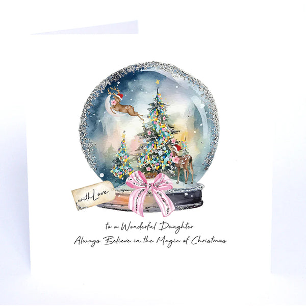 Christmas card with a snow globe design featuring a Christmas tree and deer, on a white background.