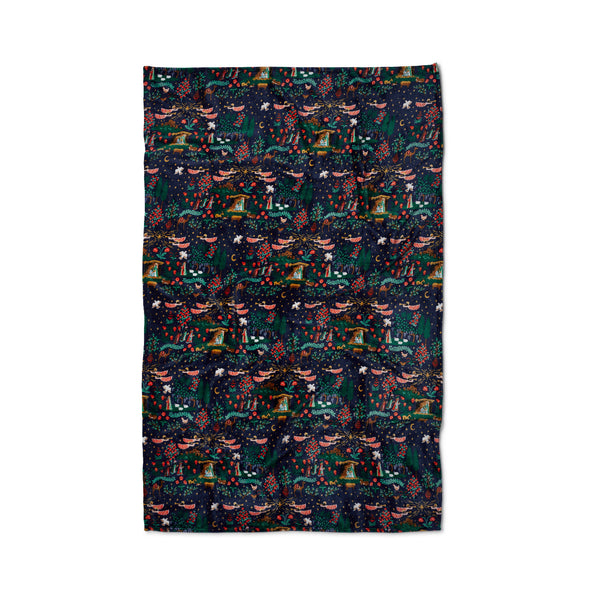 Patterned fabric with a colorful design on a white background