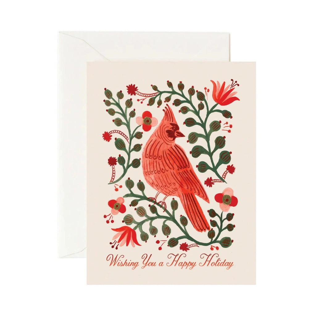 Greeting card with a red cardinal bird design and floral elements on a white background