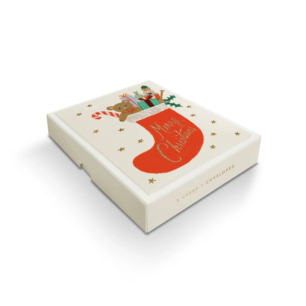 Christmas card box with a design of a stocking and Santa Claus on a white background