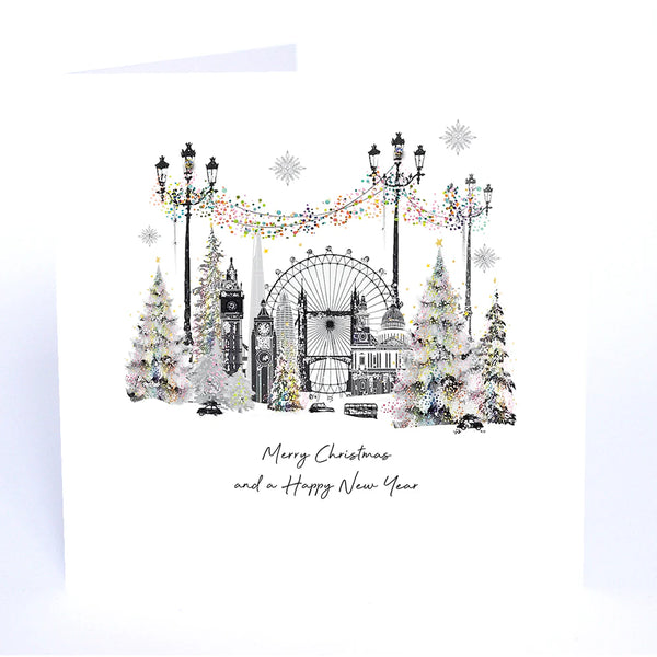 Christmas card with festive design of London landmarks and trees, featuring 'Merry Christmas and a Happy New Year' text.