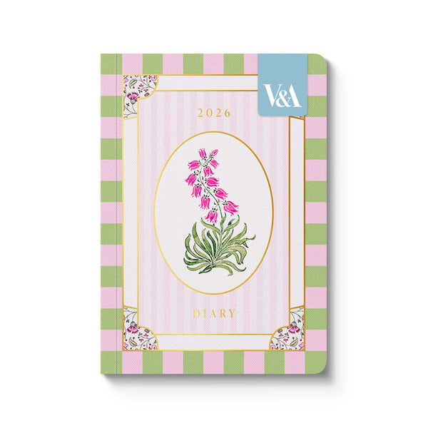 2026 diary with floral design and striped border on a white background
