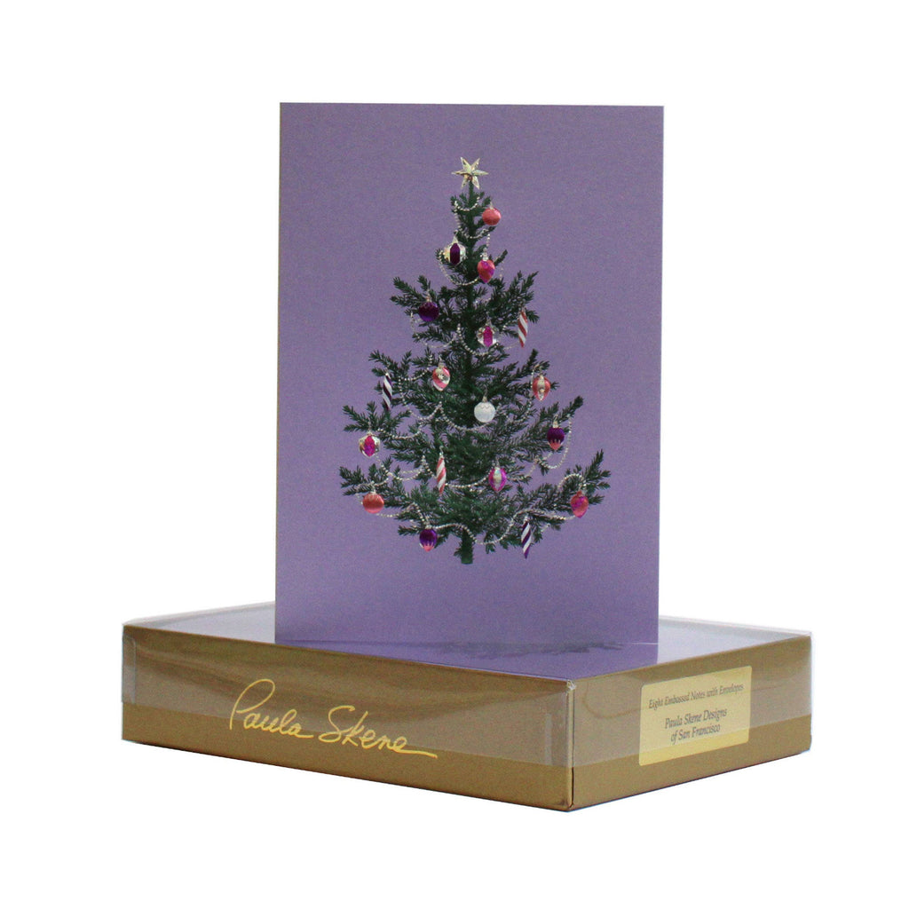 Christmas tree card with wooden base and purple background