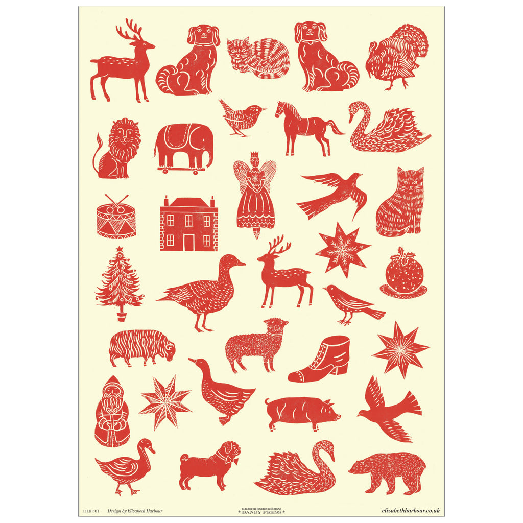 Red animal and object illustrations on a beige background