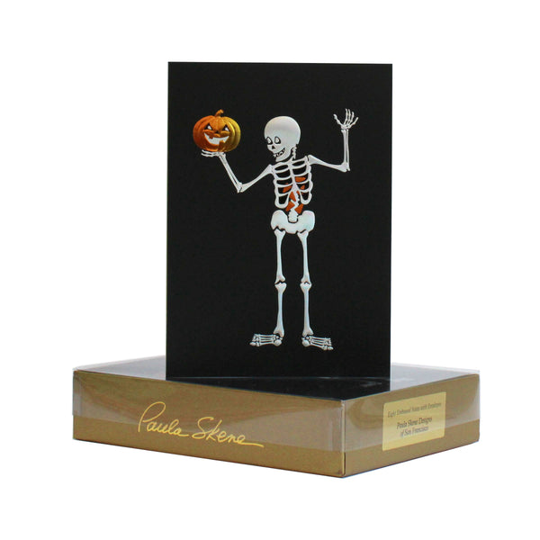 PAULA SKENE DESIGNS - Skeleton Holding a Pumpkin Halloween Card