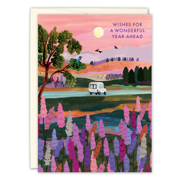 Greeting card with a colorful landscape illustration and text 'Wishes for a Wonderful Year Ahead'.