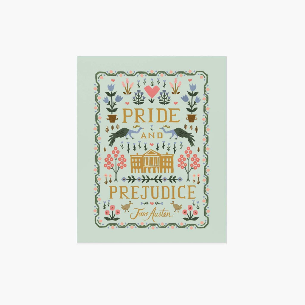 Book cover of 'Pride and Prejudice' by Jane Austen with decorative elements on a light green background