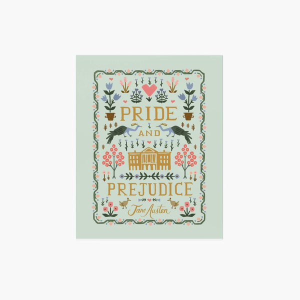 Book cover of 'Pride and Prejudice' by Jane Austen with decorative elements on a light green background
