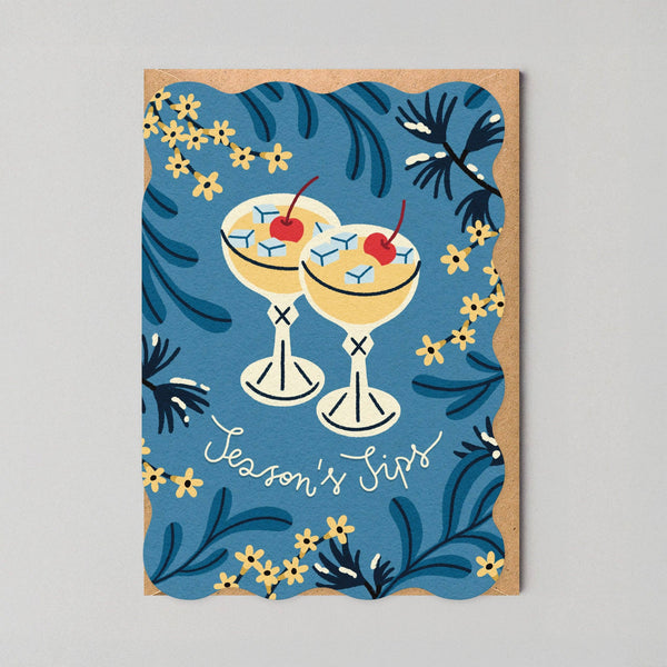 Greeting card with cocktail illustration and 'Season's Tips' text on a blue background