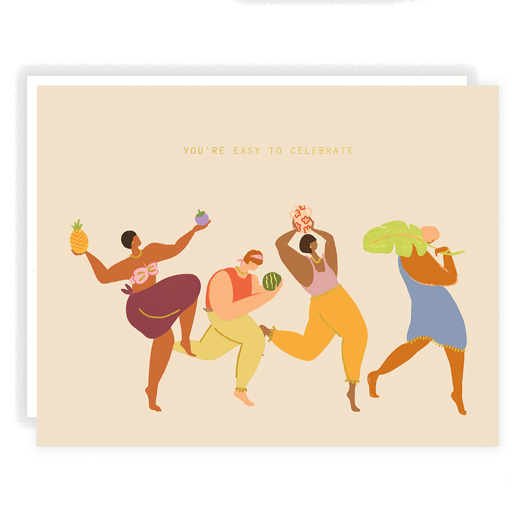 Illustration of four people dancing with fruits and vegetables on a beige background
