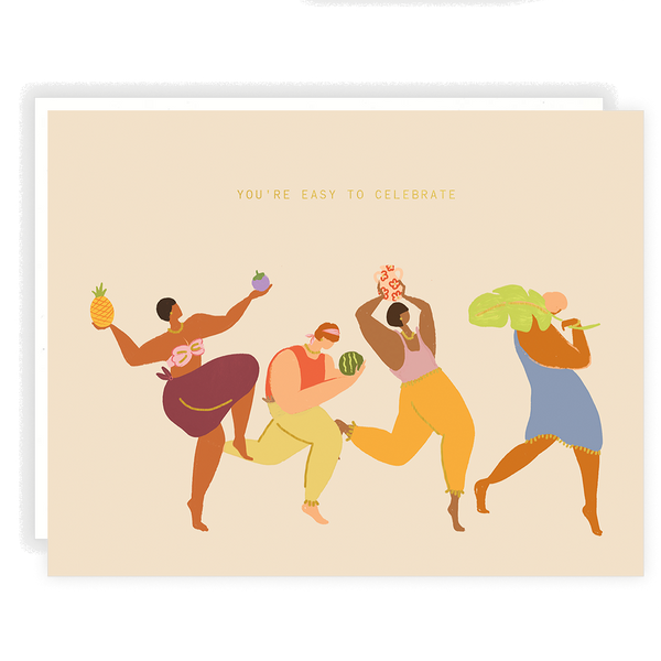 Illustration of four people dancing with fruits and vegetables on a beige background