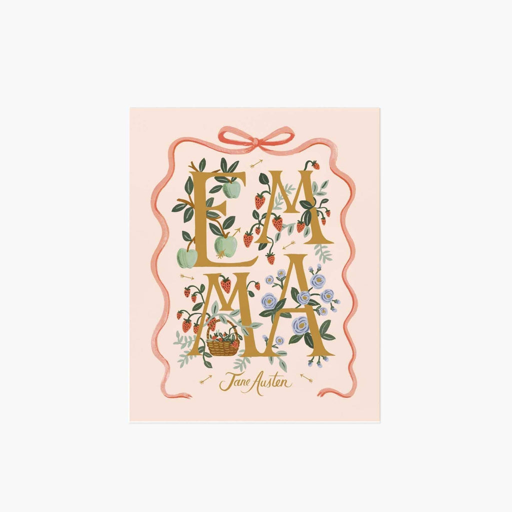 Book cover of 'Emma' by Jane Austen with decorative text and illustrations on a pink background