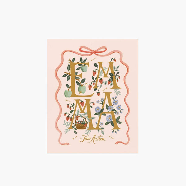 Book cover of 'Emma' by Jane Austen with decorative text and illustrations on a pink background