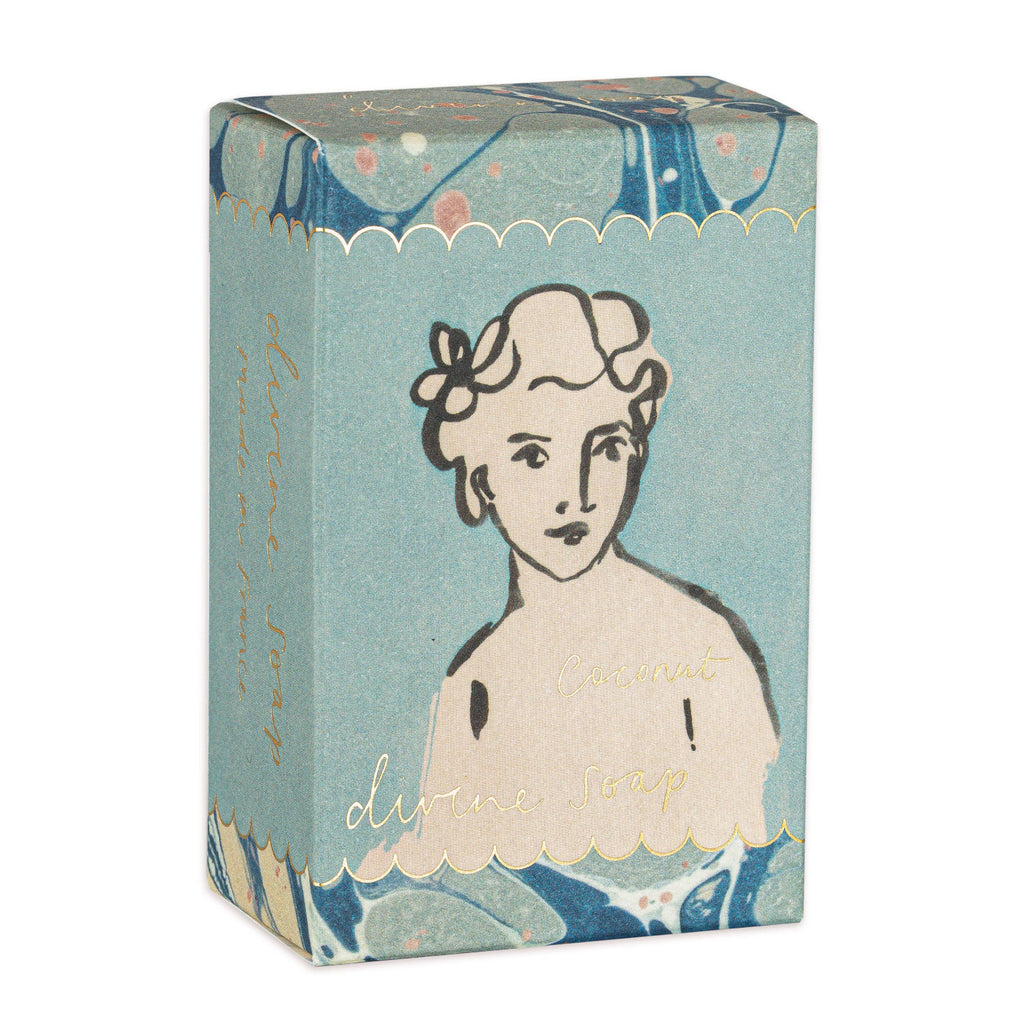 Soap box with vintage-style illustration of a young girl on a light blue background