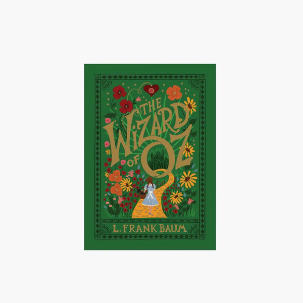 Book cover of 'The Wizard of Oz' with decorative elements on a green background