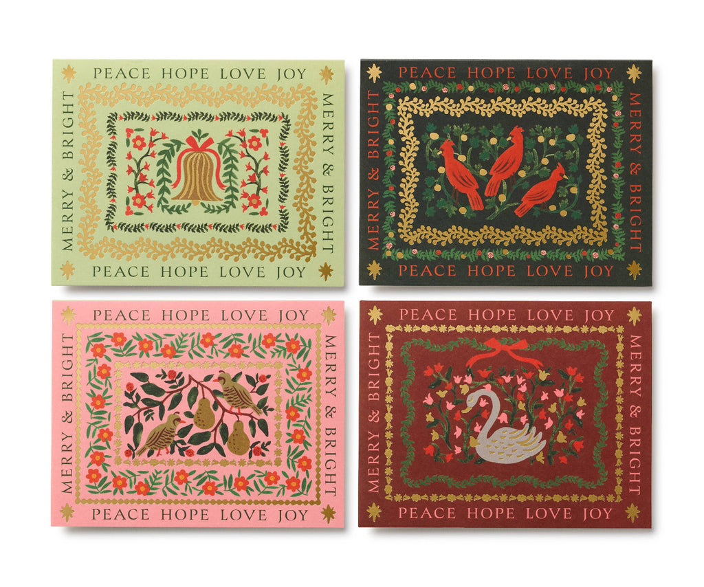 Four Christmas-themed cards with festive designs and 'Peace Hope Love Joy' text on a white background.