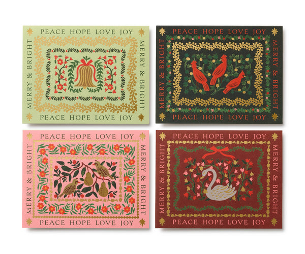 Four Christmas-themed cards with festive designs and 'Peace Hope Love Joy' text on a white background.