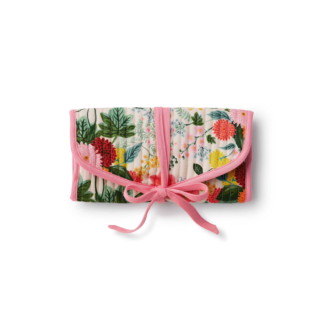 Floral-patterned product with a pink ribbon on a white background