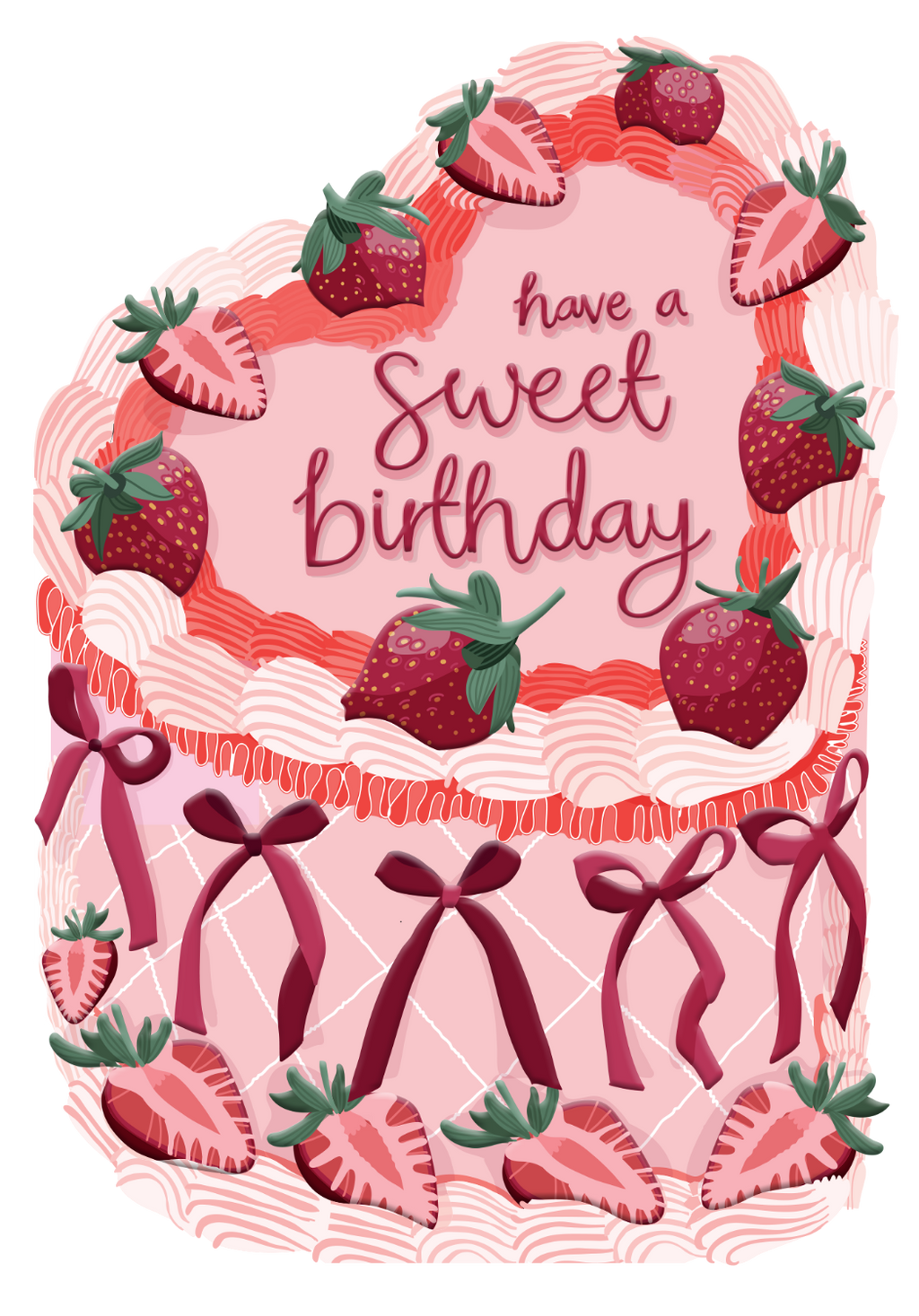 Birthday card with strawberries and ribbons on a pink background