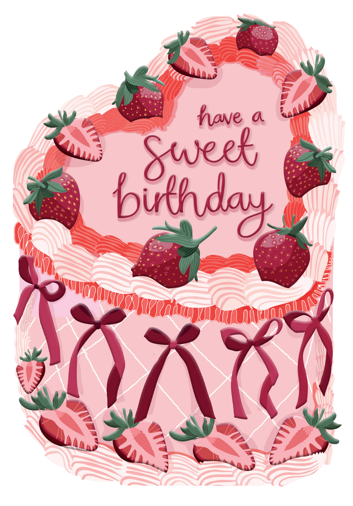 Birthday card with strawberries and ribbons on a pink background