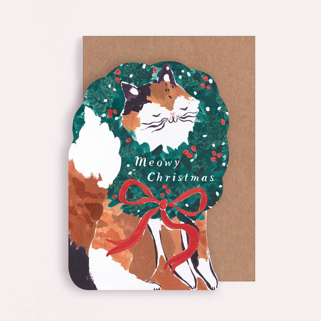 Christmas card with a cat illustration and 'Meowy Christmas' text on a brown background