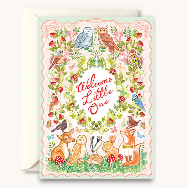 Greeting card with forest animals and 'Welcome Little One' text on a white background