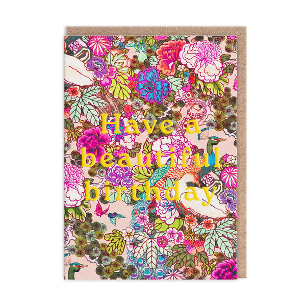 V&A Neon Floral Peacock Birthday Card