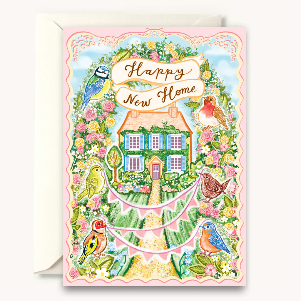 Greeting card with a house, birds, and flowers, featuring 'Happy New Home' text.