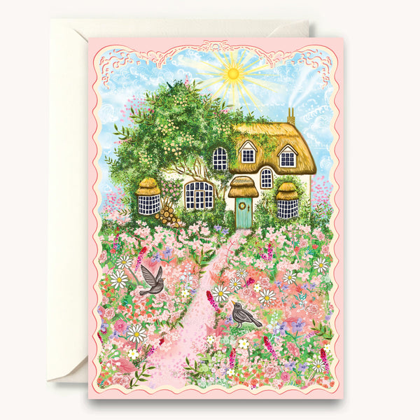 Greeting card with a fairy-tale house and garden illustration on a white background