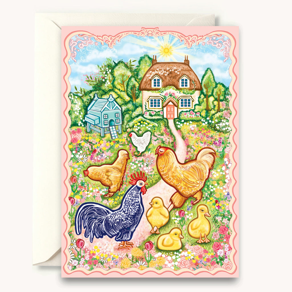 Greeting card with farm scene featuring chickens and a rooster, surrounded by flowers and trees.