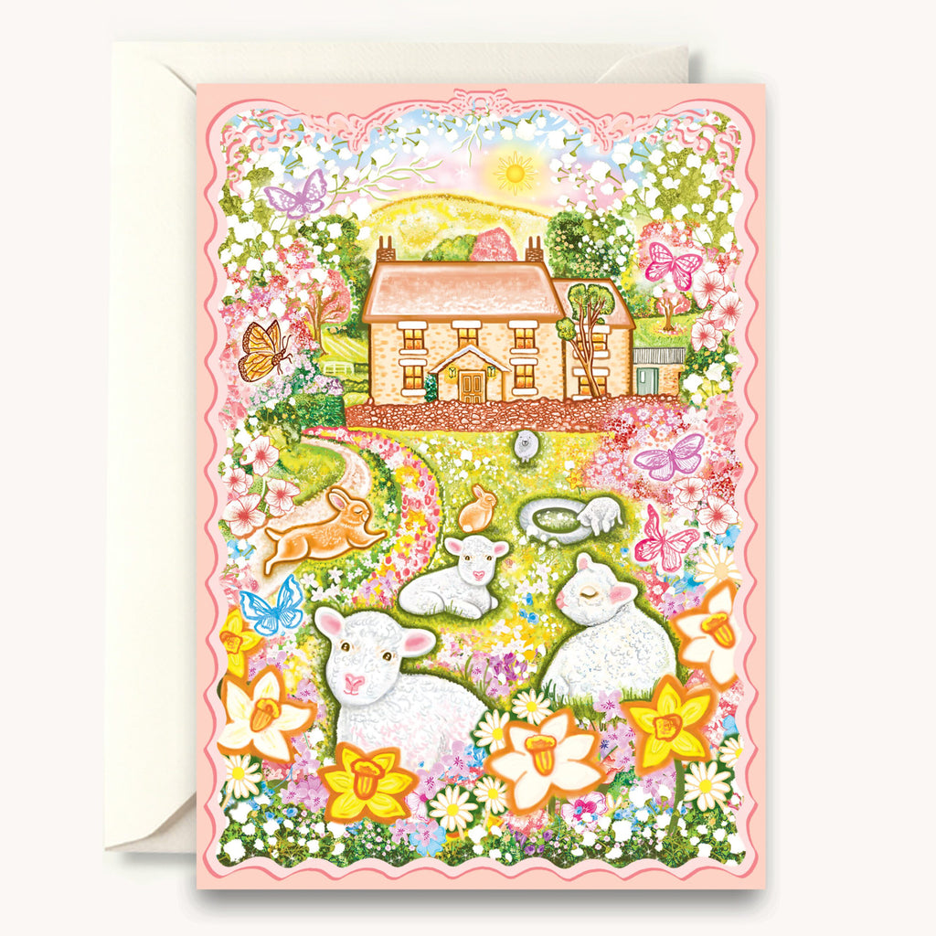 Greeting card with a colorful illustration of animals, flowers, and a house on a pink border.