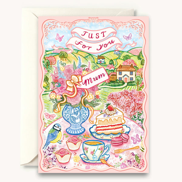 Greeting card with 'Just for You Mum' text, tea set, cake, and flowers on a colorful background.