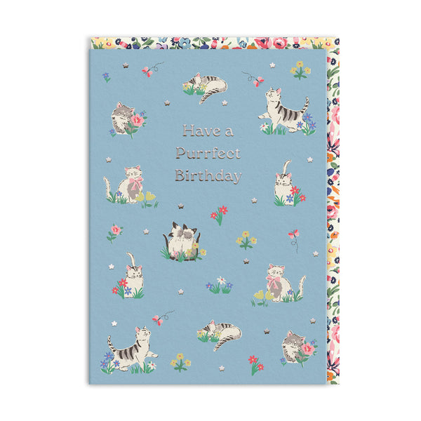 Greeting card with cat illustrations and 'Have a Purrfect Birthday' text on a blue background