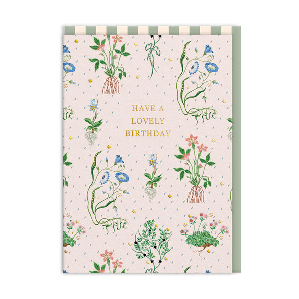 Greeting card with floral designs and 'Have a lovely birthday' text on a white background