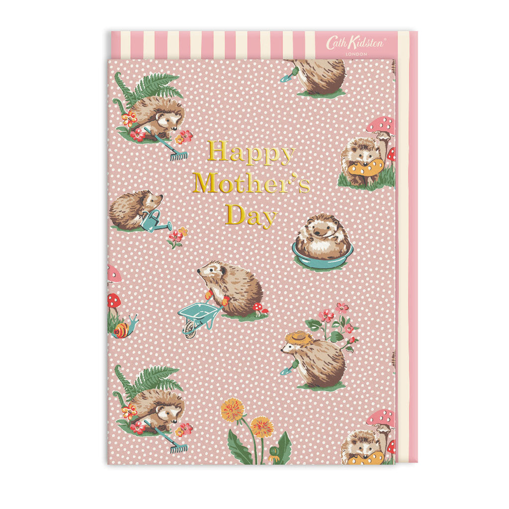 Notebook with hedgehog illustrations and 'Happy Mother's Day' text on a pink background