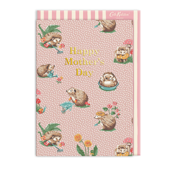 Notebook with hedgehog illustrations and 'Happy Mother's Day' text on a pink background