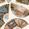 Collection of decorative fans with intricate paintings on a white background