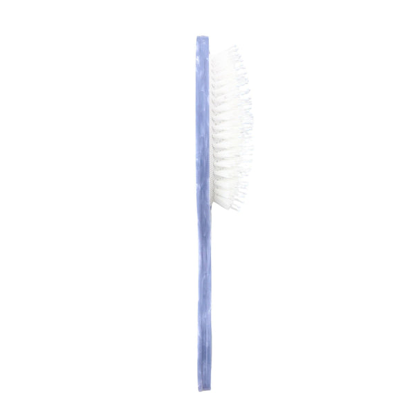 Cleaning brush with blue handle and white bristles on a white background