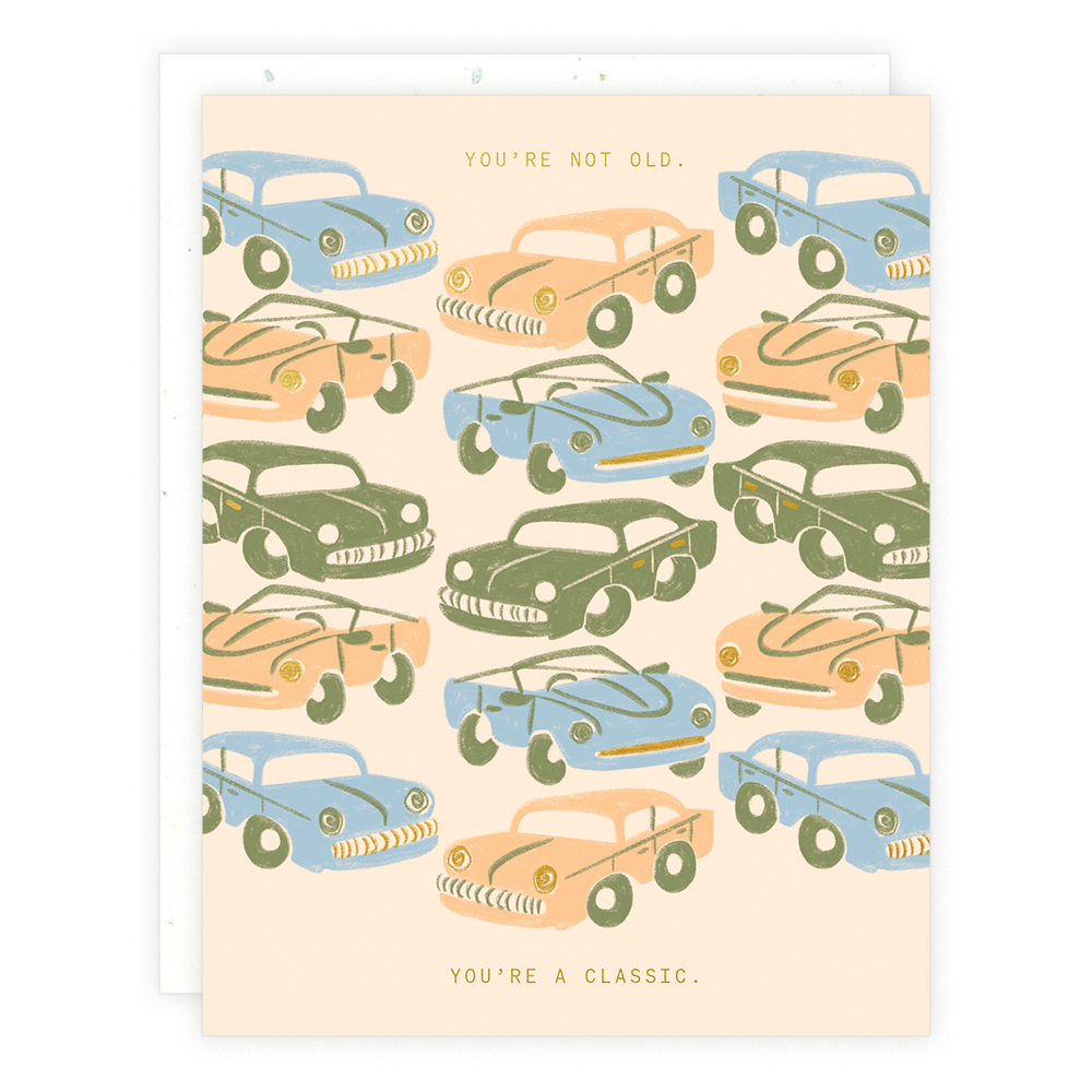 Card with vintage car illustrations and text on a beige background