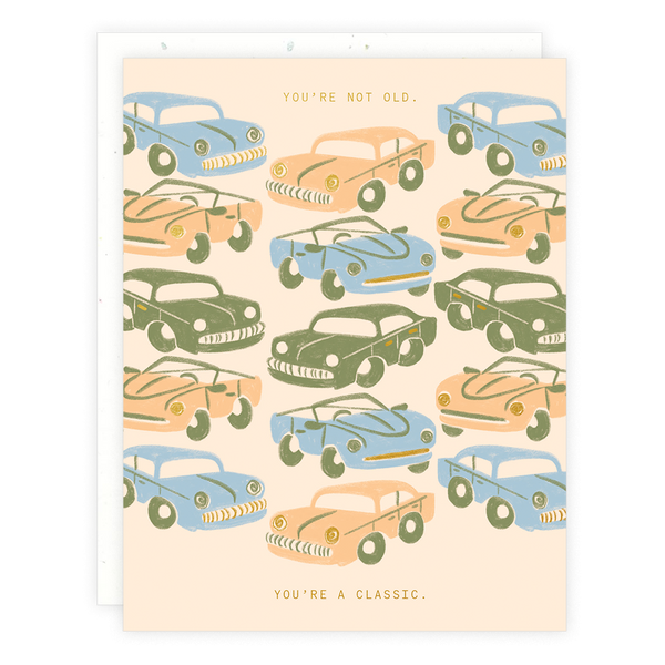 Card with vintage car illustrations and text on a beige background