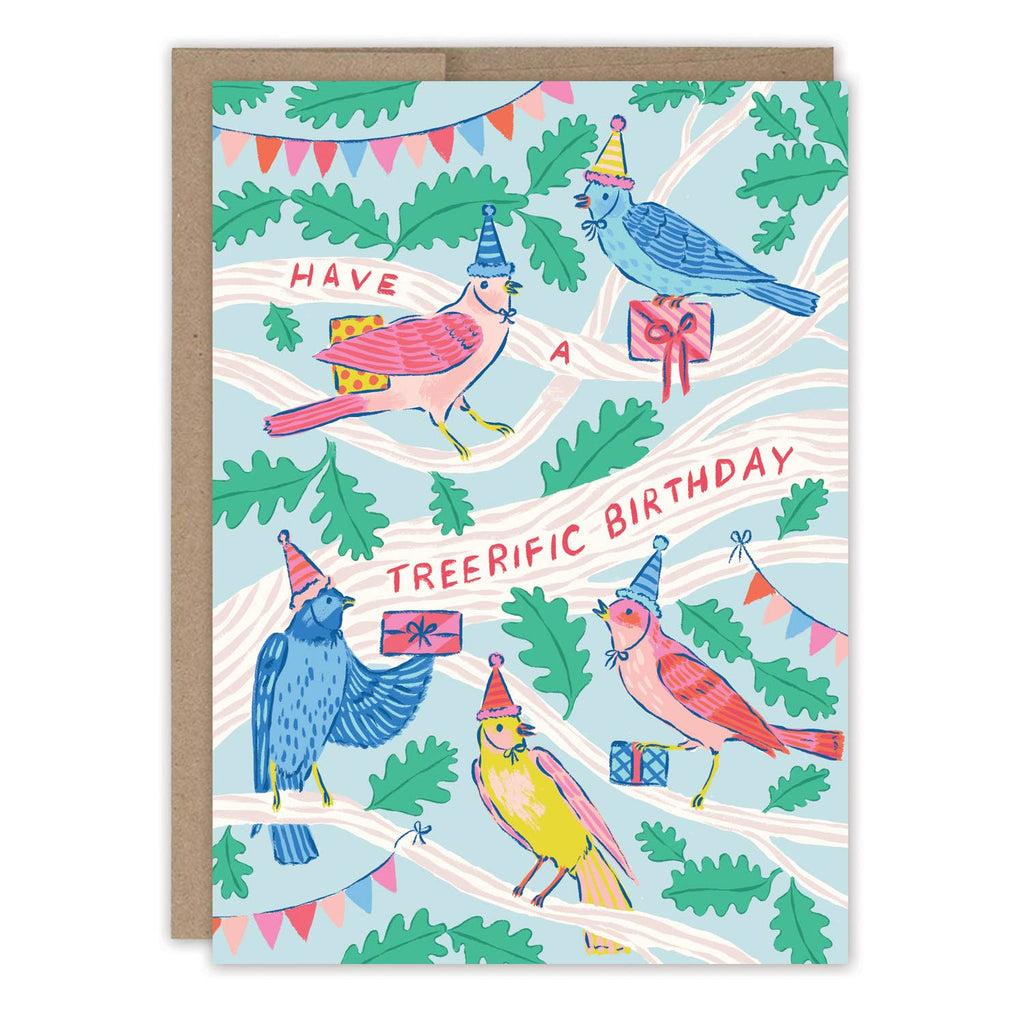 Colorful birthday card with birds and leaves on a white background