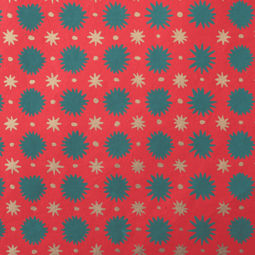 Patterned fabric with blue and beige shapes on a red background
